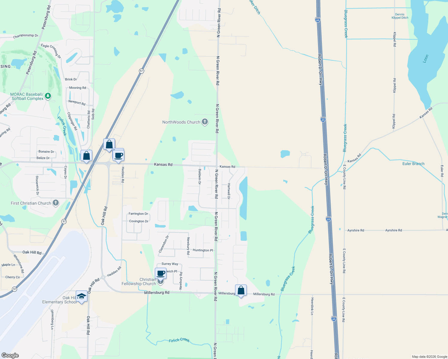 map of restaurants, bars, coffee shops, grocery stores, and more near 9319 Hedgewood Court in Evansville
