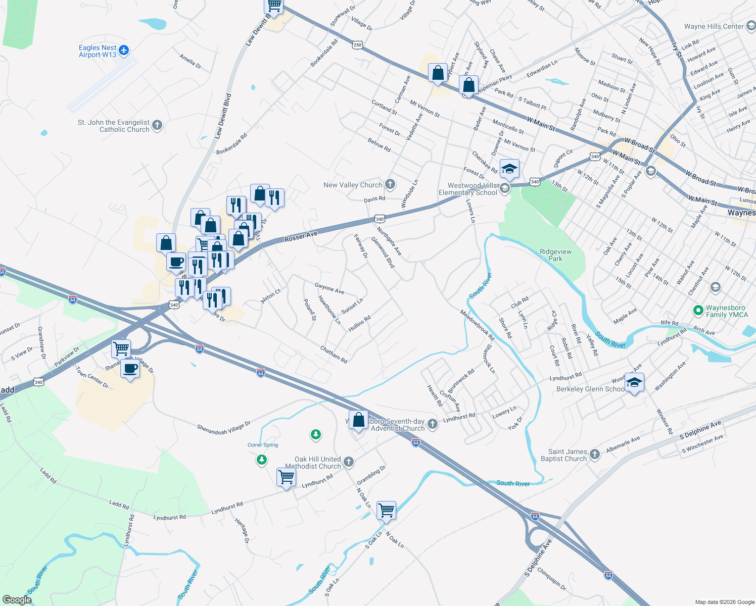 map of restaurants, bars, coffee shops, grocery stores, and more near 1223 Hollins Rd in Waynesboro