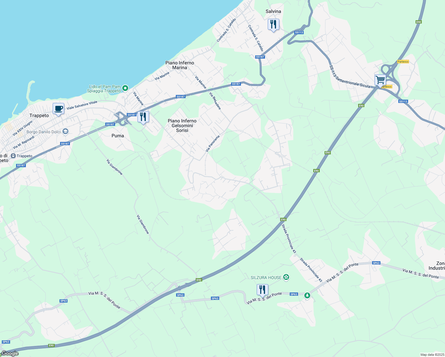 map of restaurants, bars, coffee shops, grocery stores, and more near 68 SP43 in Città metropolitana di Palermo
