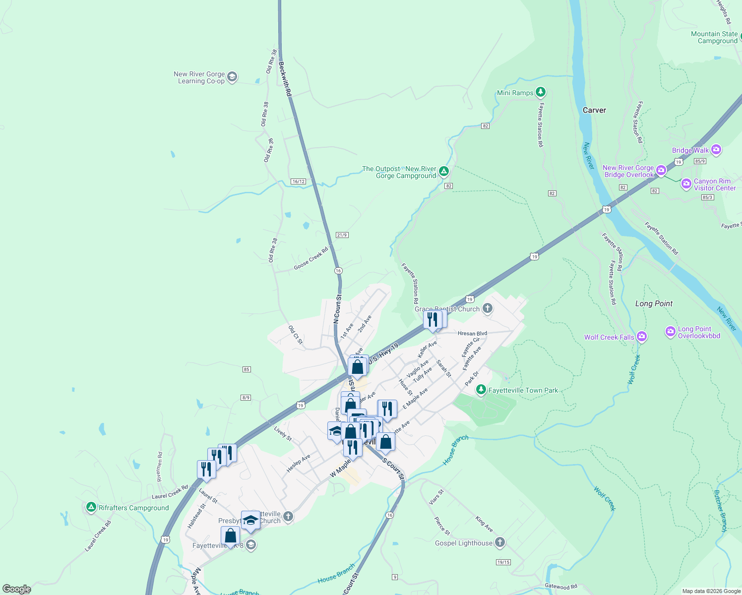 map of restaurants, bars, coffee shops, grocery stores, and more near 155 1st Ave in Fayetteville