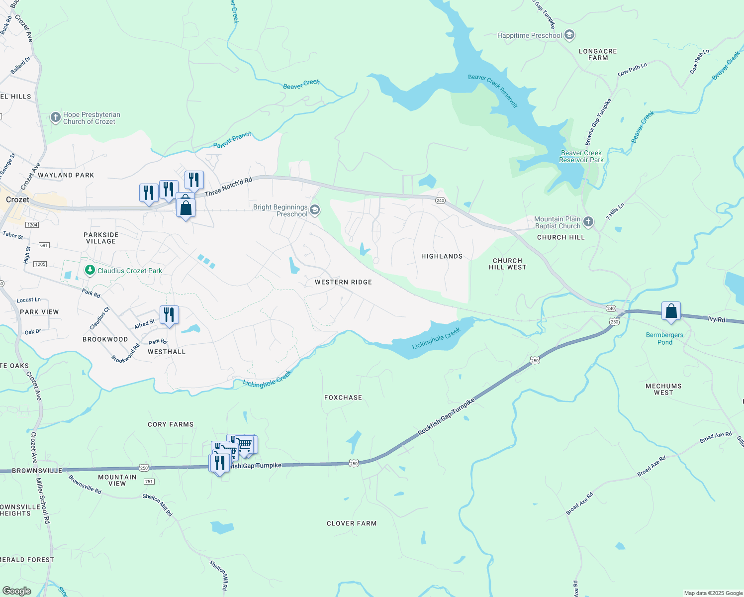 map of restaurants, bars, coffee shops, grocery stores, and more near 4974 Lake Tree Lane in Crozet