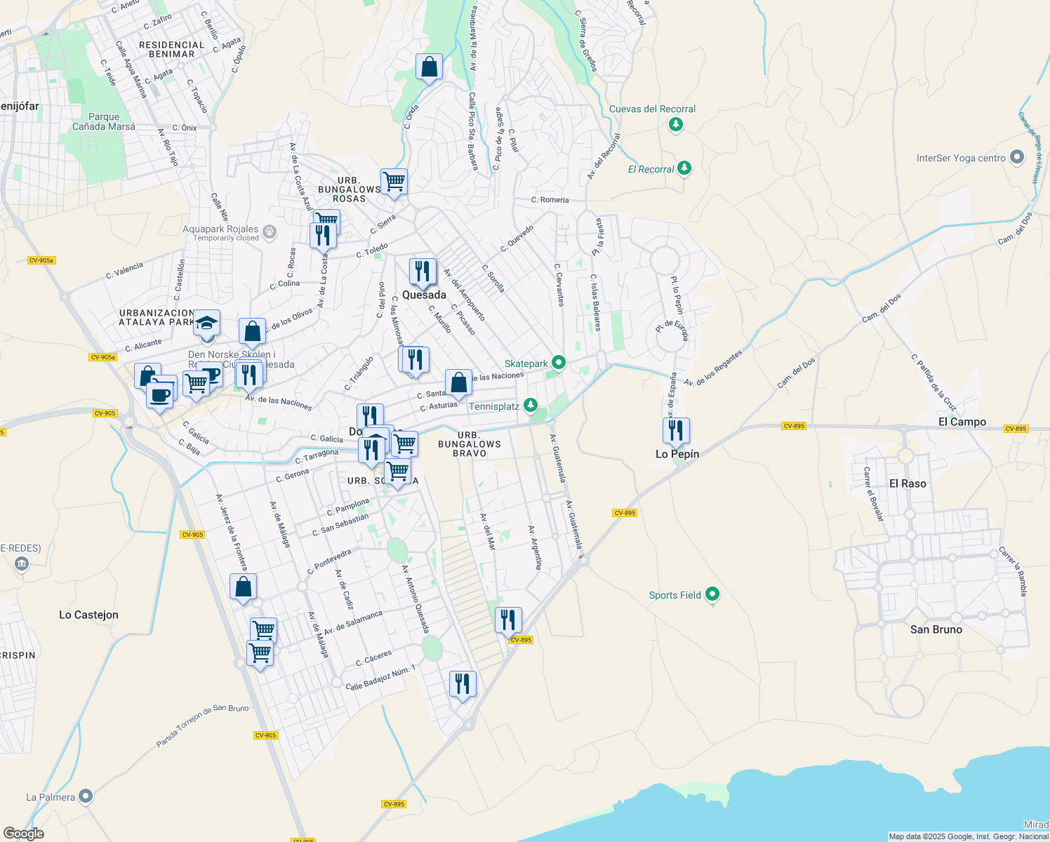 map of restaurants, bars, coffee shops, grocery stores, and more near 22 Calle Islas Chafarinas in Ciudad Quesada