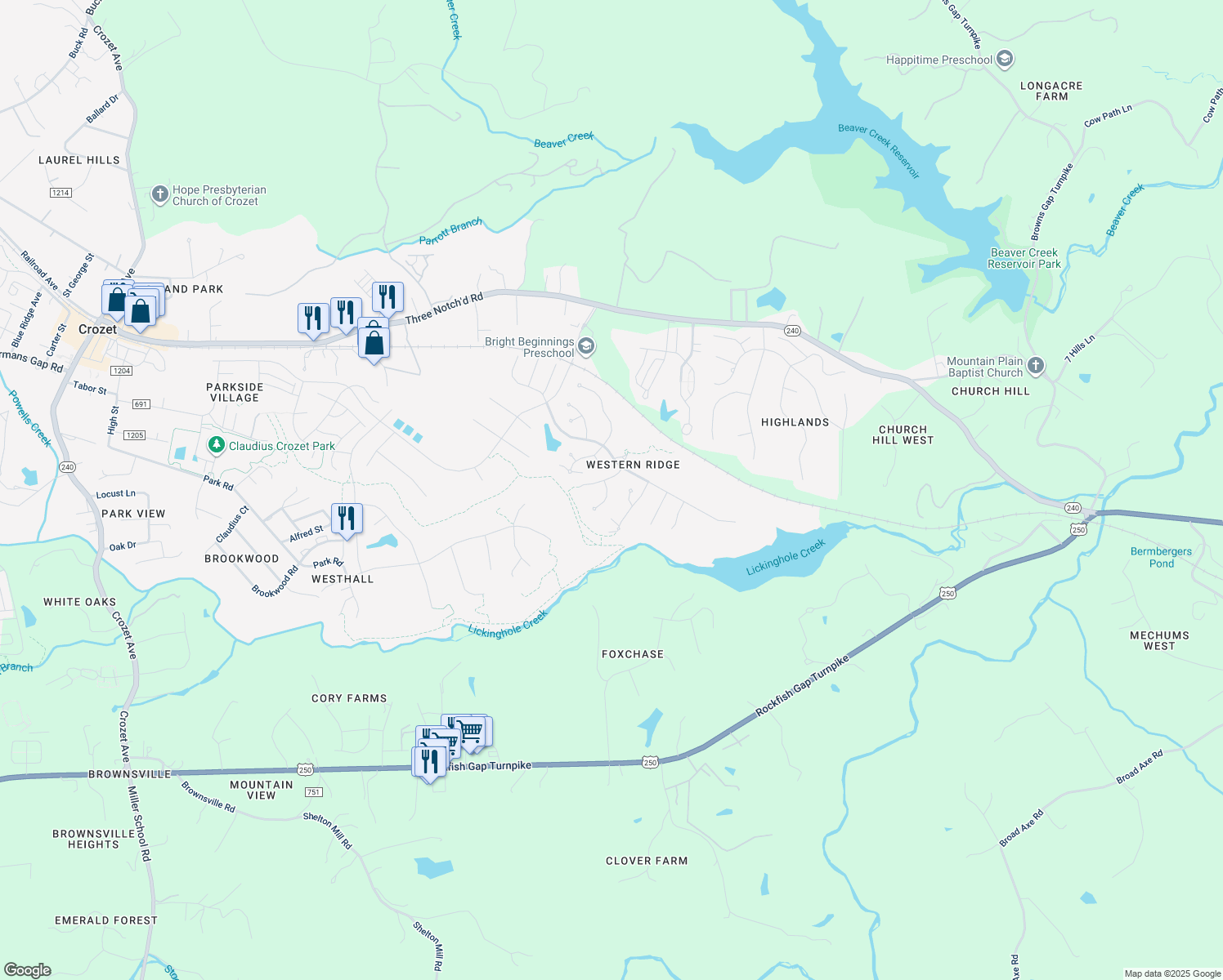 map of restaurants, bars, coffee shops, grocery stores, and more near 5044 Clearfields Court in Crozet