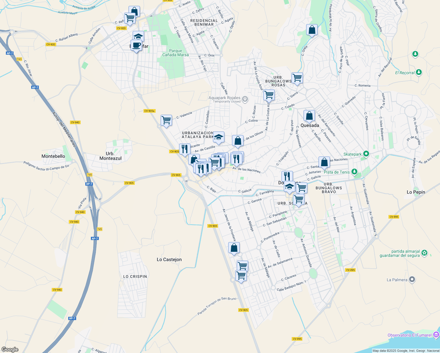 map of restaurants, bars, coffee shops, grocery stores, and more near 19 Calle Galicia in Ciudad Quesada