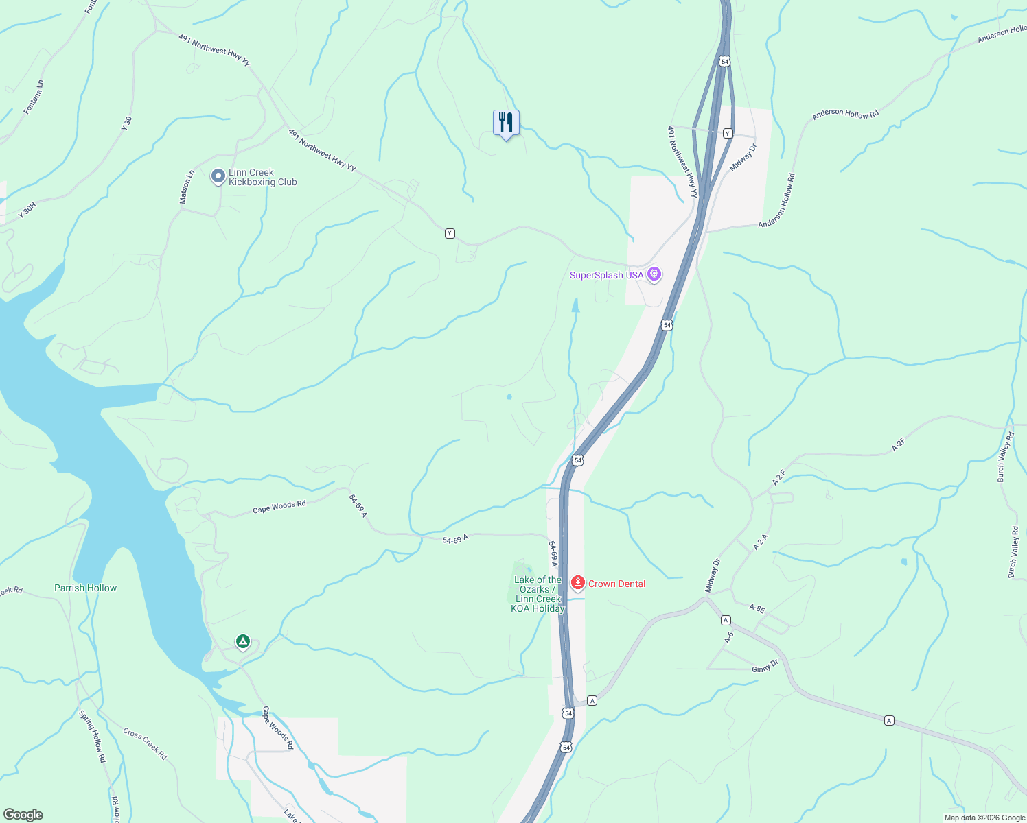 map of restaurants, bars, coffee shops, grocery stores, and more near 132 Antler Point in Linn Creek
