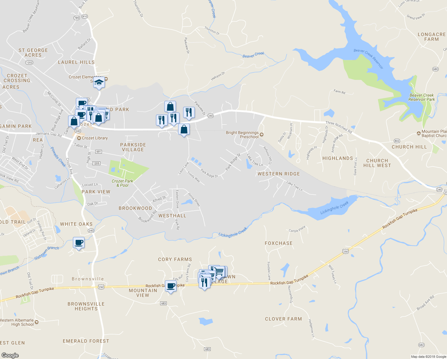 map of restaurants, bars, coffee shops, grocery stores, and more near 5424 Cardinal Crest Court in Crozet