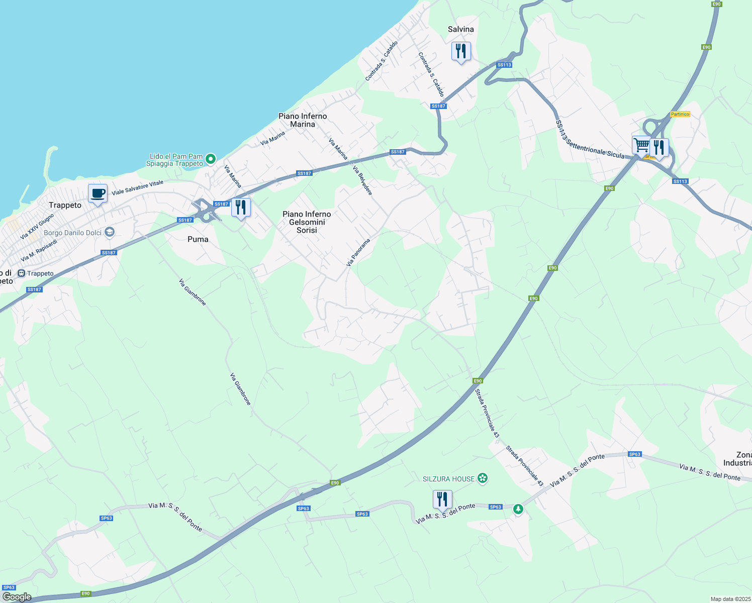 map of restaurants, bars, coffee shops, grocery stores, and more near 68 Strada Provinciale 43 in Città metropolitana di Palermo