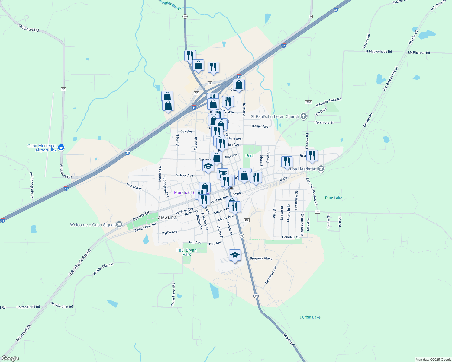 map of restaurants, bars, coffee shops, grocery stores, and more near 201 North Franklin Street in Cuba