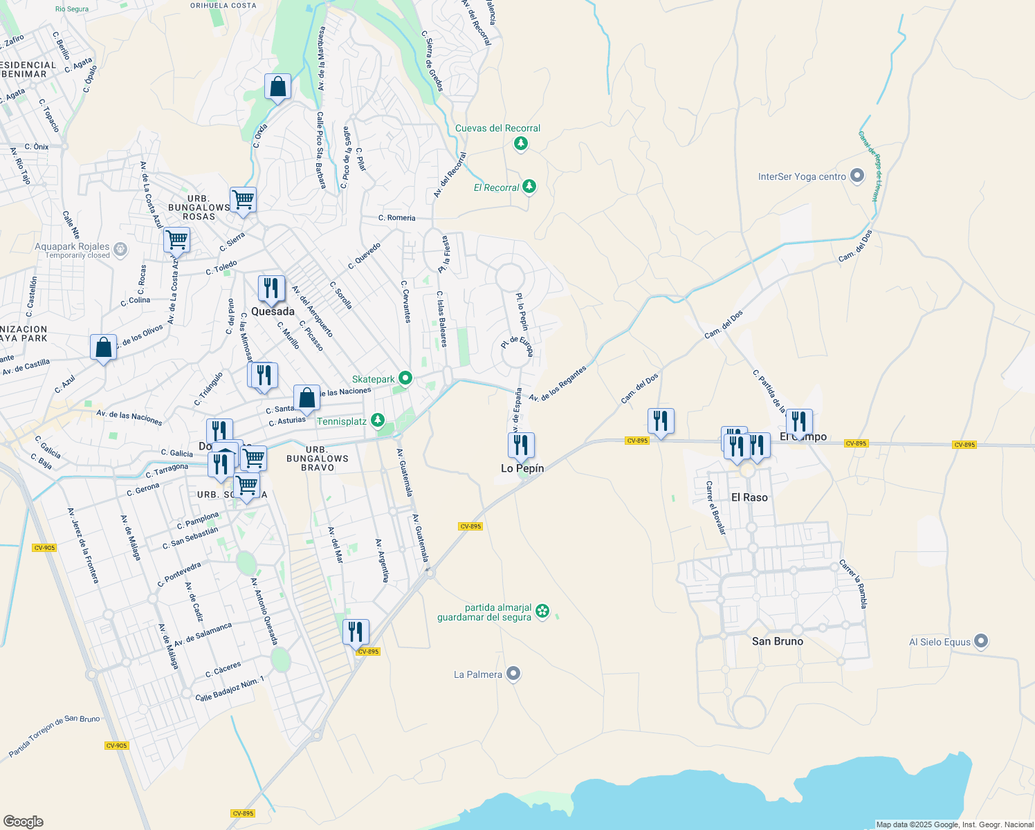 map of restaurants, bars, coffee shops, grocery stores, and more near 28 Avenida de España in Ciudad Quesada