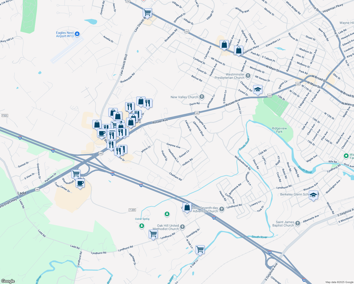 map of restaurants, bars, coffee shops, grocery stores, and more near 810 Fairway Dr in Waynesboro