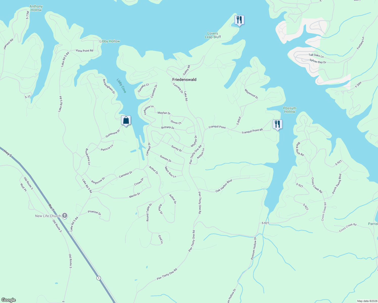 map of restaurants, bars, coffee shops, grocery stores, and more near Surrey Drive in Camdenton