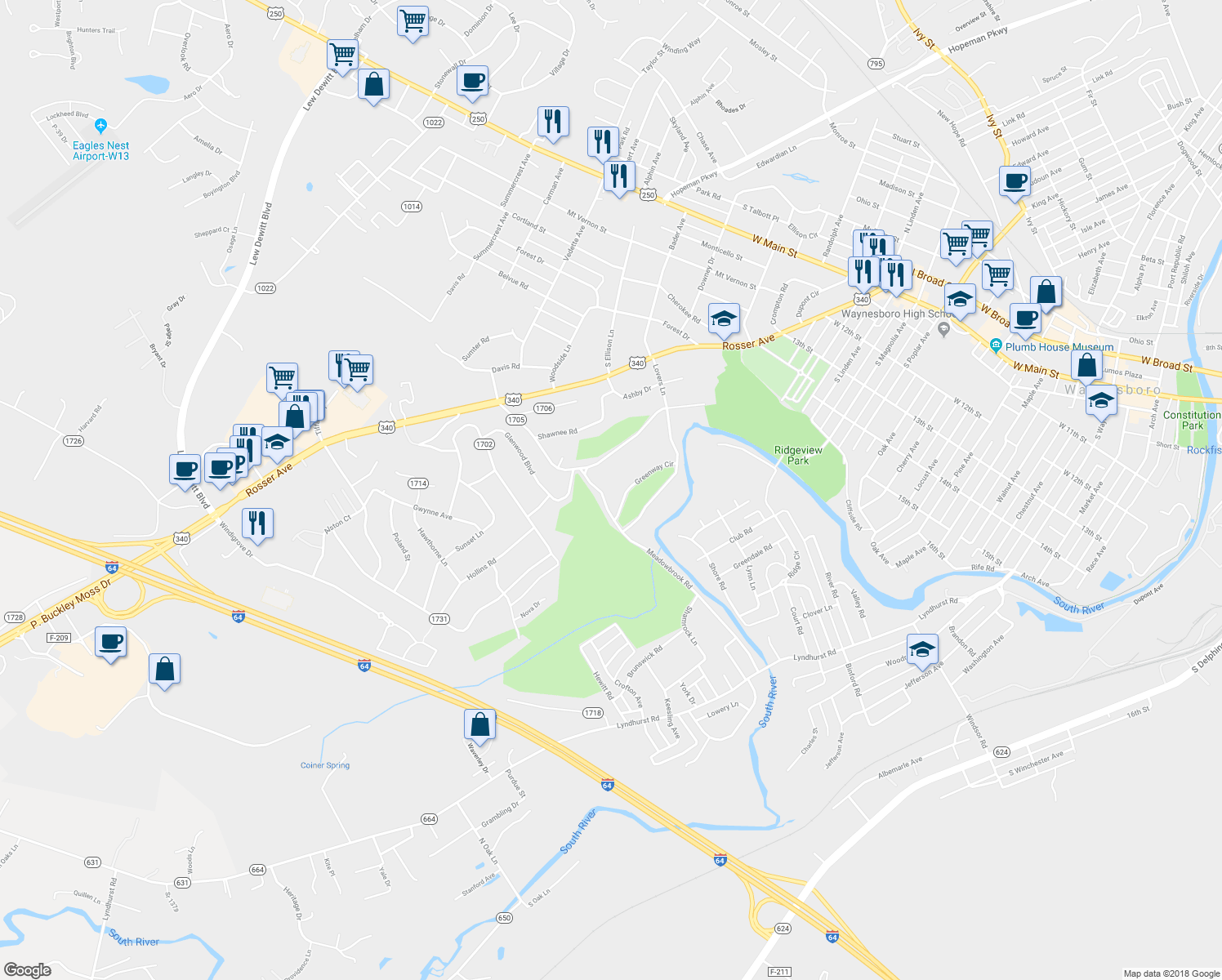 map of restaurants, bars, coffee shops, grocery stores, and more near 828 Meadowbrook Road in Waynesboro