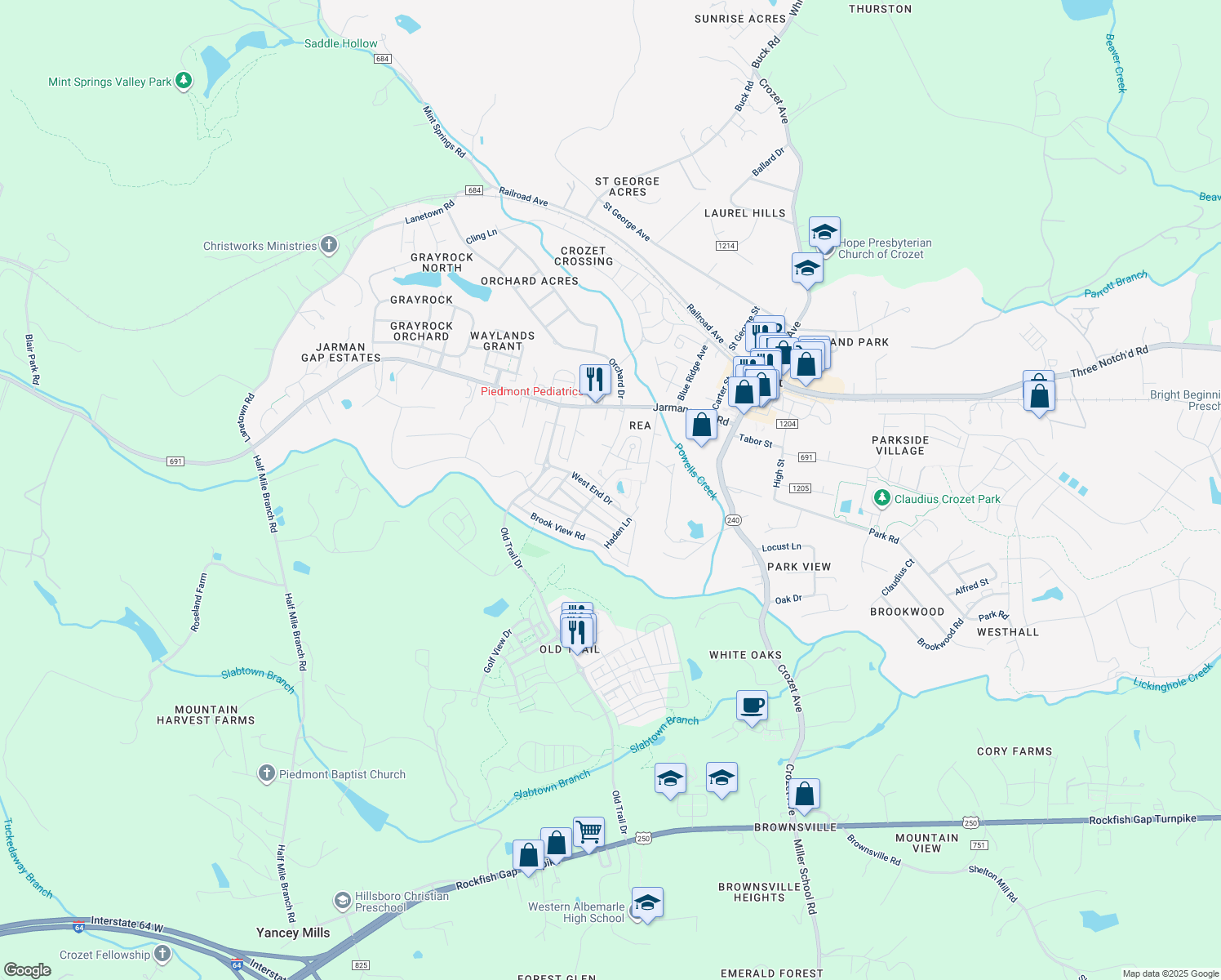 map of restaurants, bars, coffee shops, grocery stores, and more near 9031 West End Circle in Crozet