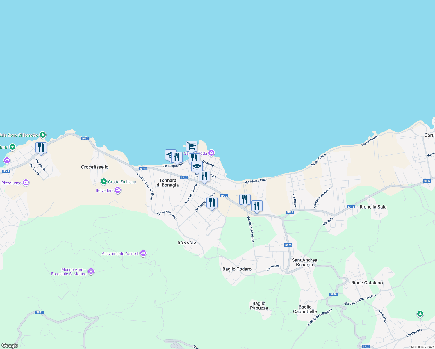 map of restaurants, bars, coffee shops, grocery stores, and more near 29 Via Achille in Tonnara di Bonagia