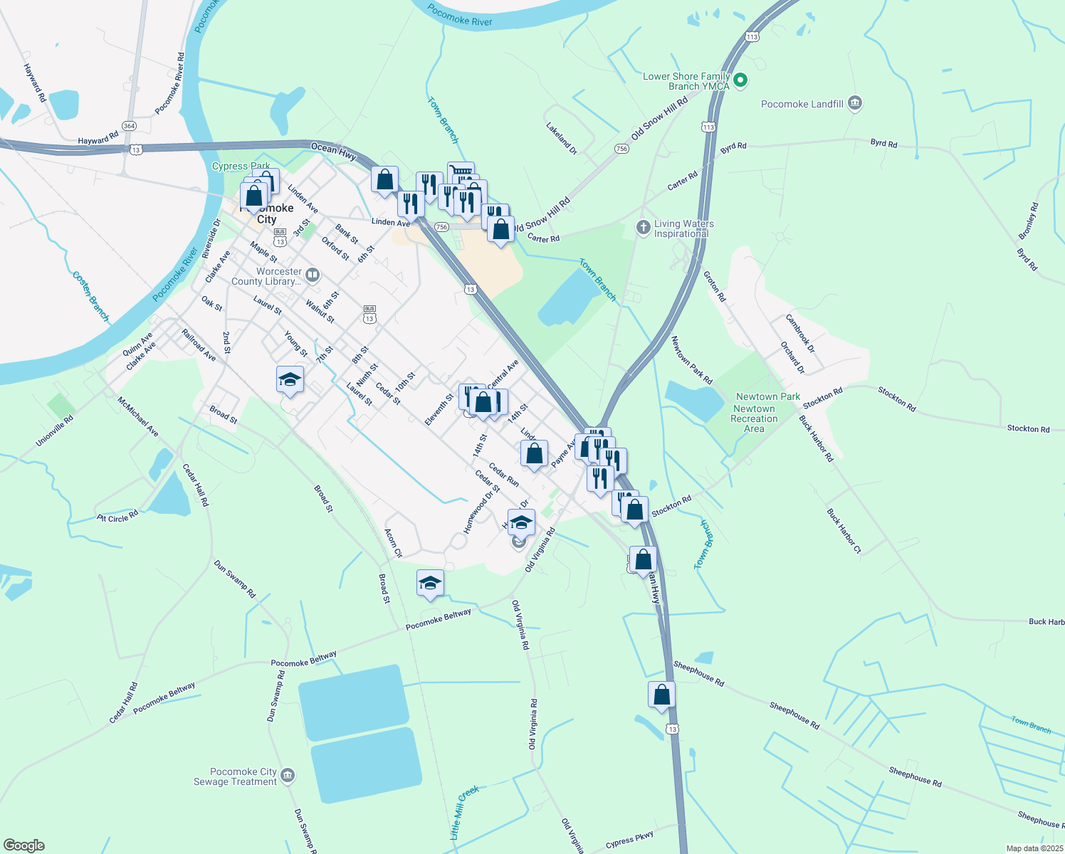map of restaurants, bars, coffee shops, grocery stores, and more near 1403 Linden Drive in Pocomoke City