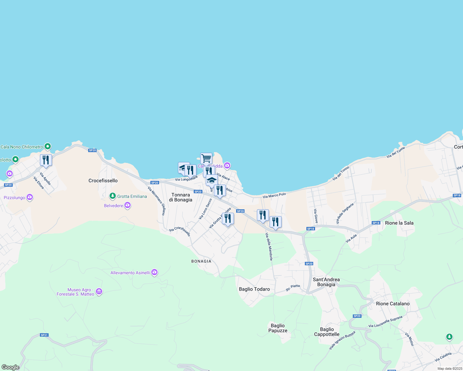 map of restaurants, bars, coffee shops, grocery stores, and more near 29 Via Achille in Tonnara di Bonagia