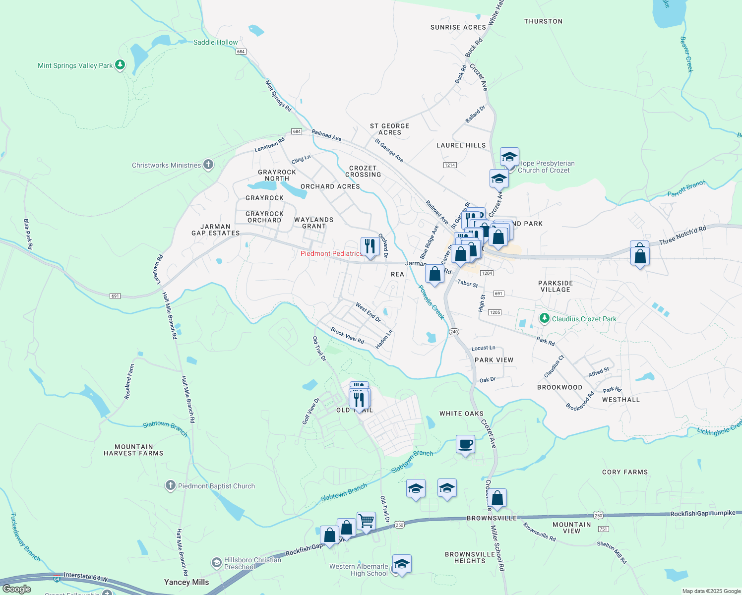 map of restaurants, bars, coffee shops, grocery stores, and more near 1088 Killdeer Lane in Crozet