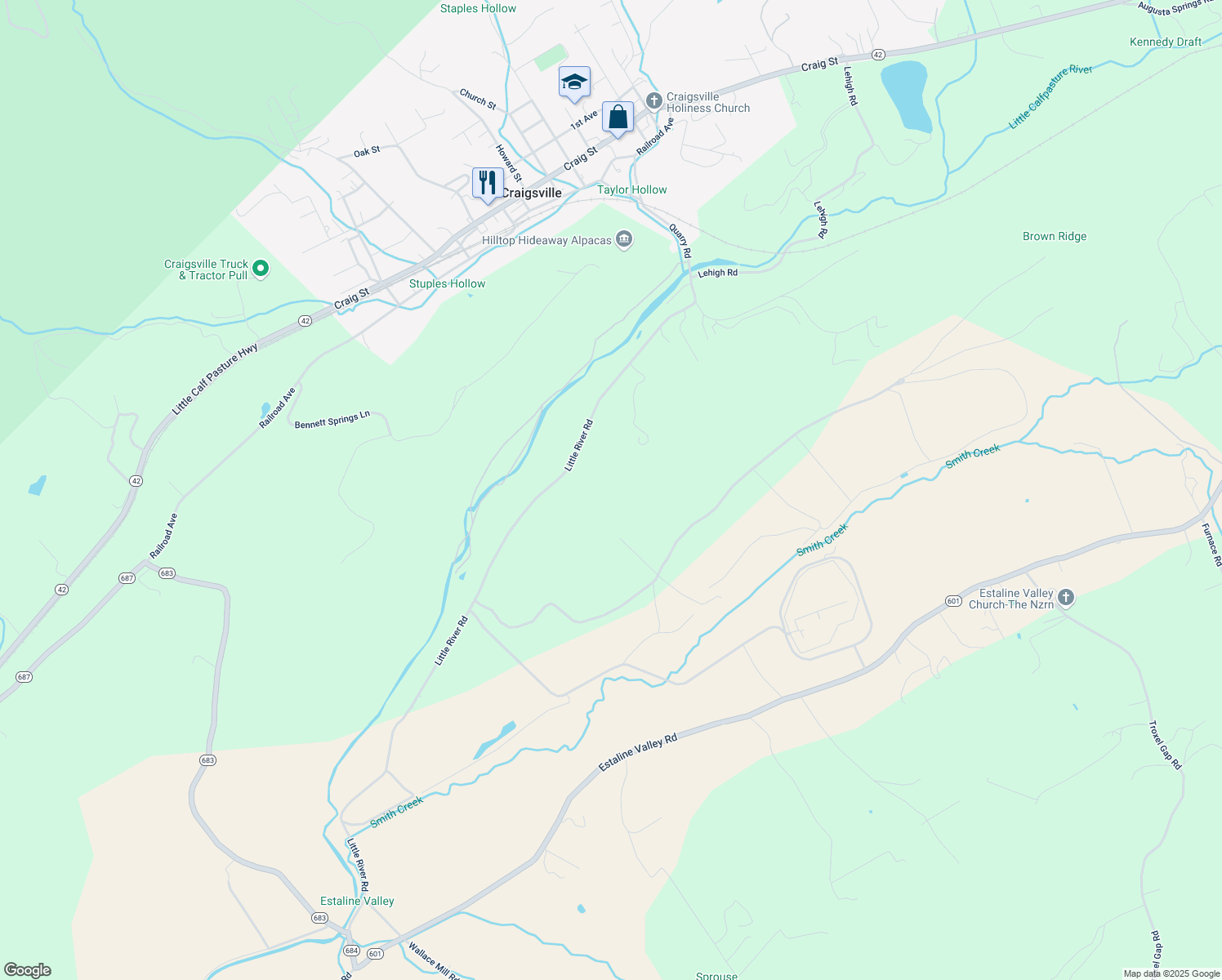 map of restaurants, bars, coffee shops, grocery stores, and more near 248 Little River Road in Craigsville