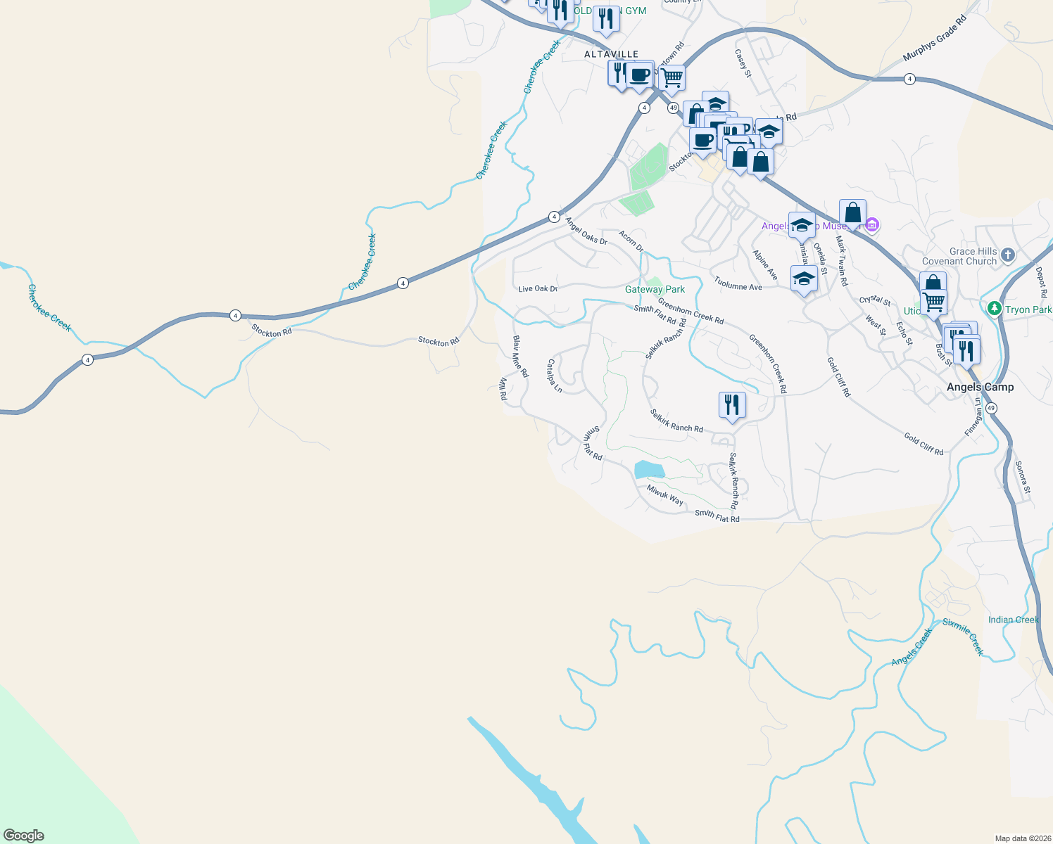 map of restaurants, bars, coffee shops, grocery stores, and more near 358 Blair Mine Road in Angels Camp