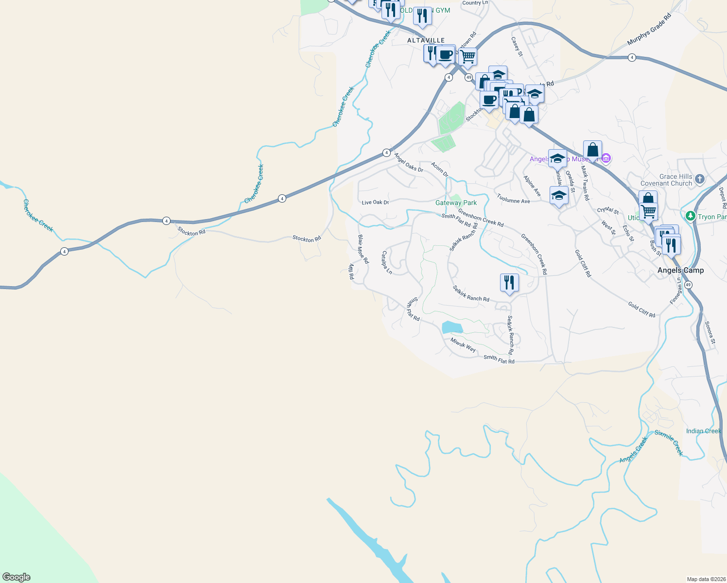 map of restaurants, bars, coffee shops, grocery stores, and more near 358 Blair Mine Rd in Angels Camp