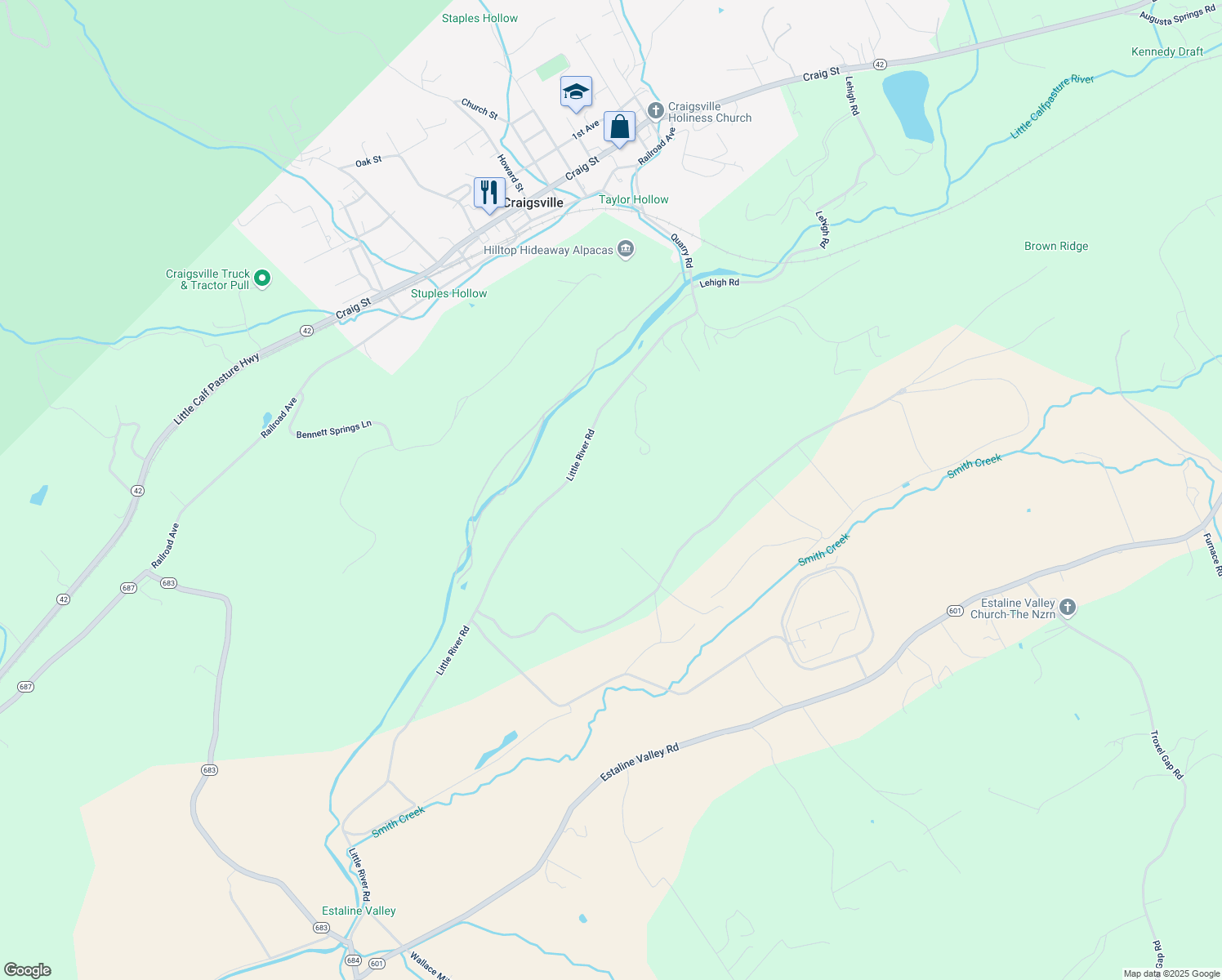 map of restaurants, bars, coffee shops, grocery stores, and more near 248 Little River Road in Craigsville
