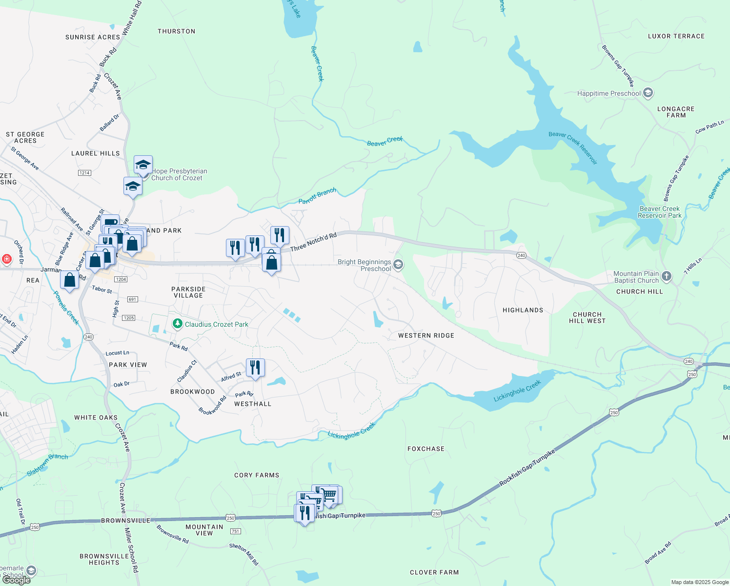 map of restaurants, bars, coffee shops, grocery stores, and more near 5527 Stonegate Ln in Crozet