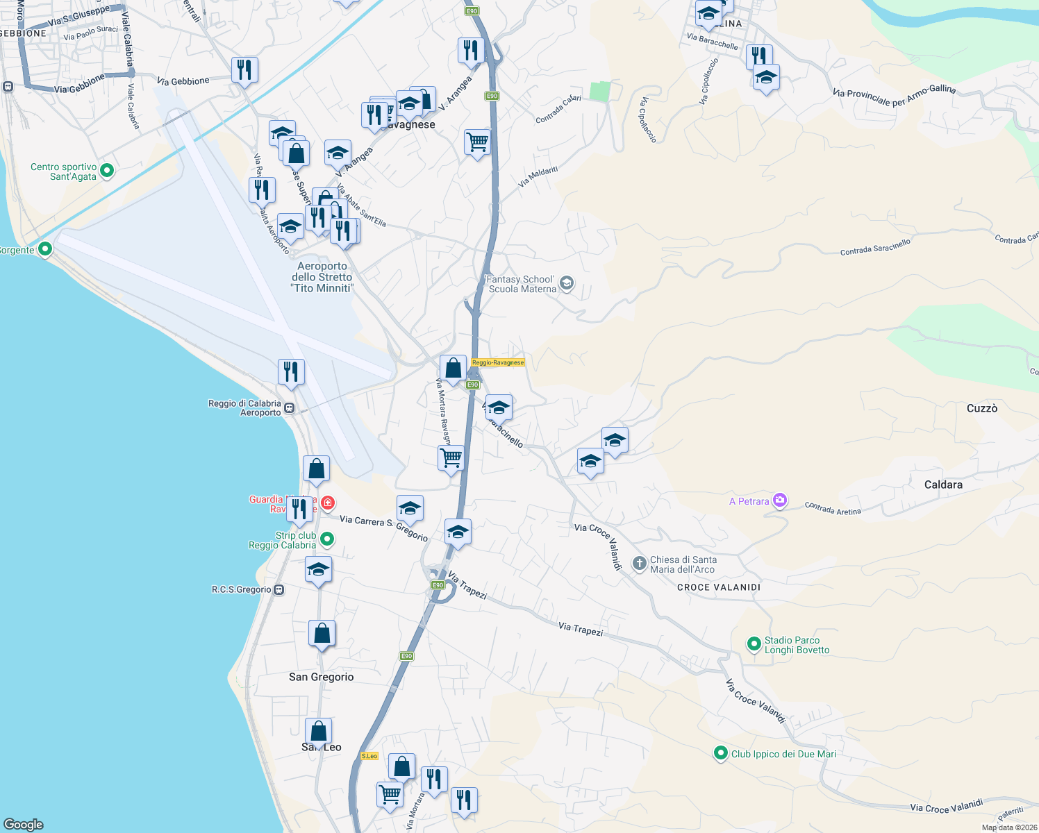 map of restaurants, bars, coffee shops, grocery stores, and more near 23 Via Salita Acquedotto in Reggio Calabria