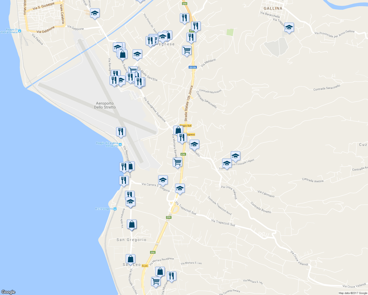 map of restaurants, bars, coffee shops, grocery stores, and more near Strada Statale 106 Ionica in Reggio Calabria