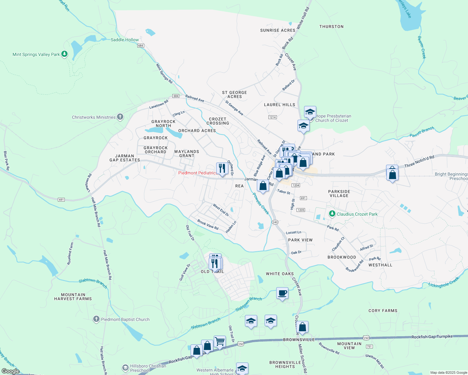 map of restaurants, bars, coffee shops, grocery stores, and more near 1137 Killdeer Lane in Crozet