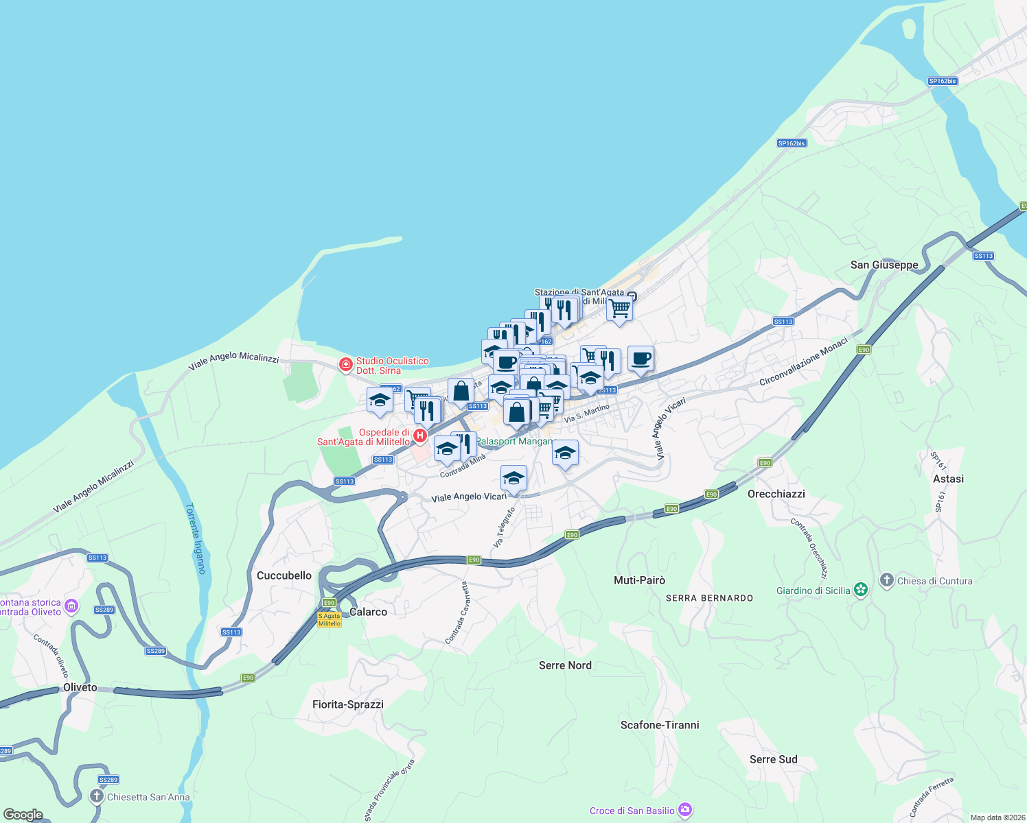map of restaurants, bars, coffee shops, grocery stores, and more near Vicolo delle Scuole in Sant'agata di Militello