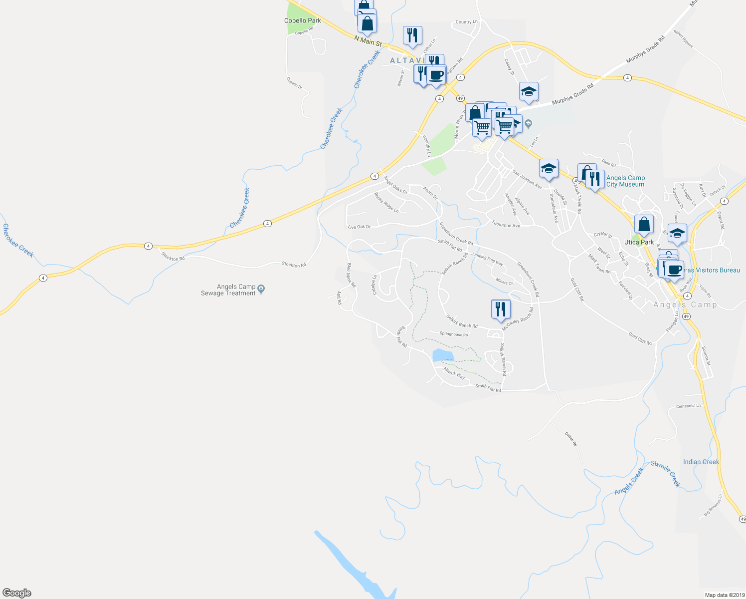 map of restaurants, bars, coffee shops, grocery stores, and more near 312 Catalpa Lane in Angels Camp