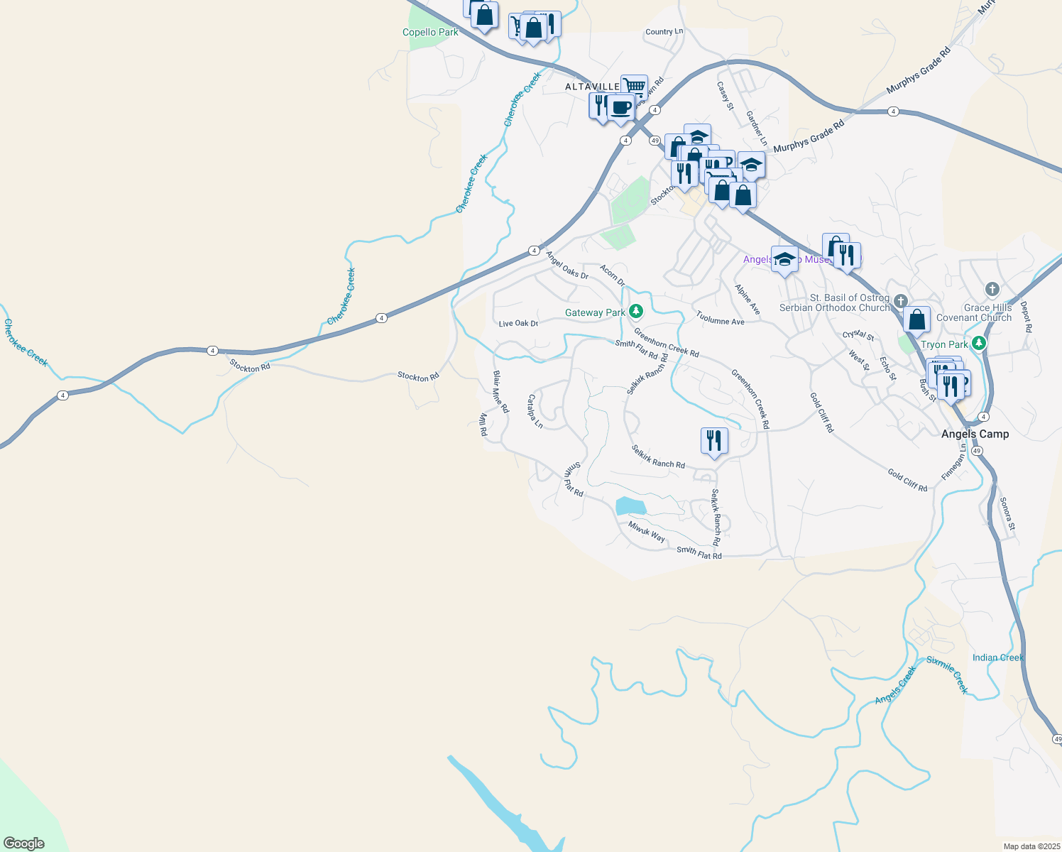 map of restaurants, bars, coffee shops, grocery stores, and more near 312 Catalpa Lane in Angels Camp