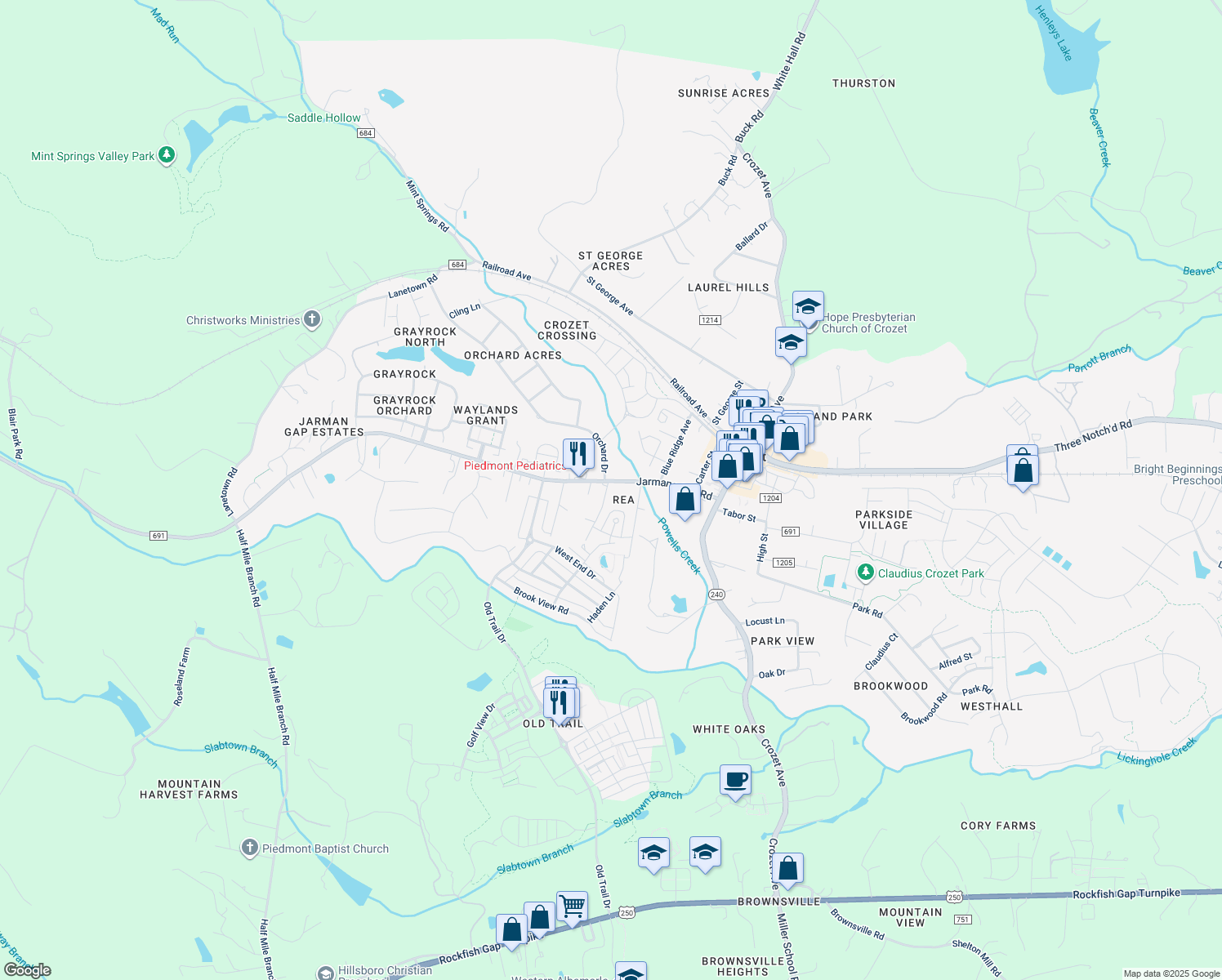 map of restaurants, bars, coffee shops, grocery stores, and more near 1169 Killdeer Lane in Crozet