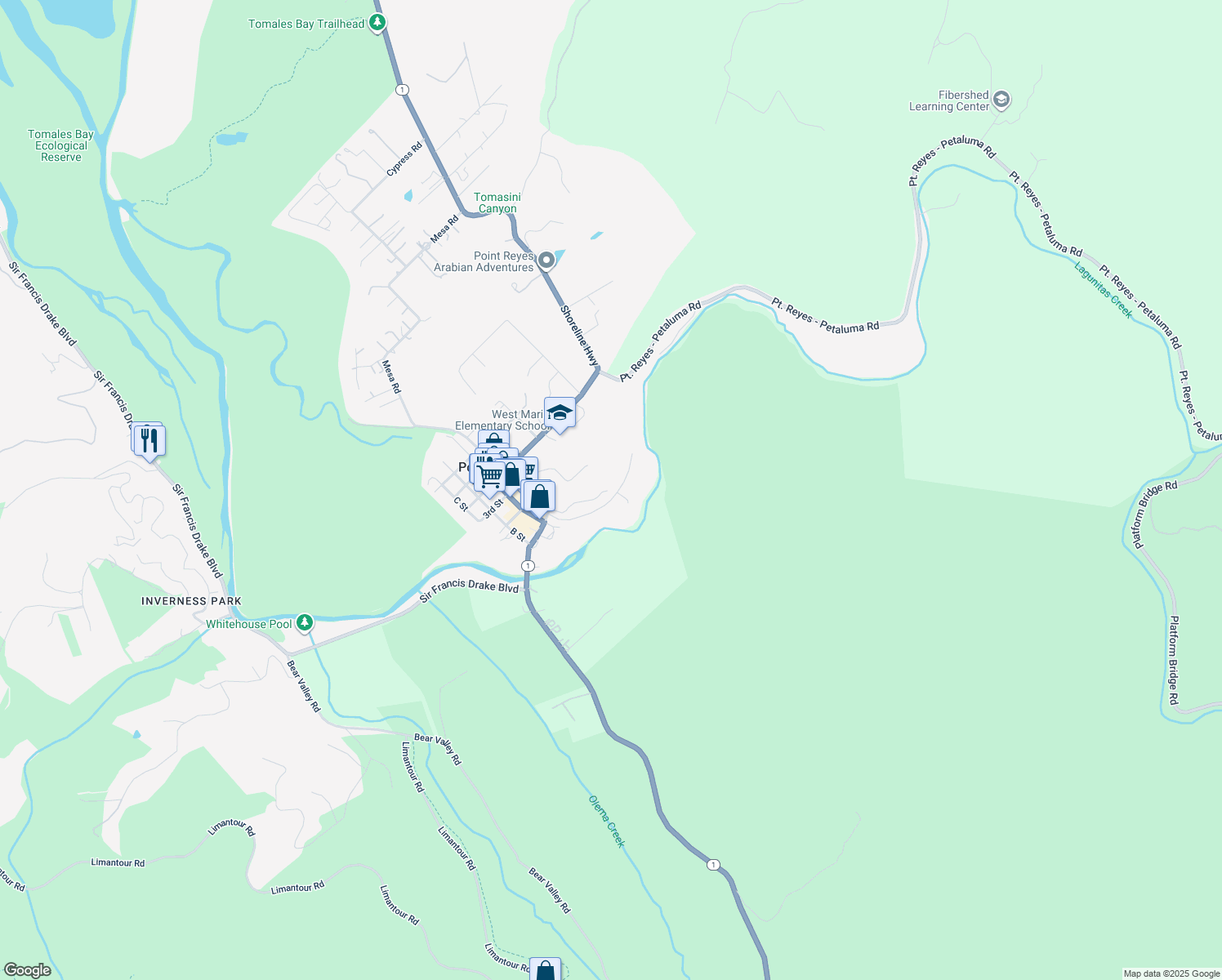 map of restaurants, bars, coffee shops, grocery stores, and more near 33 Giacomini Road in Point Reyes Station