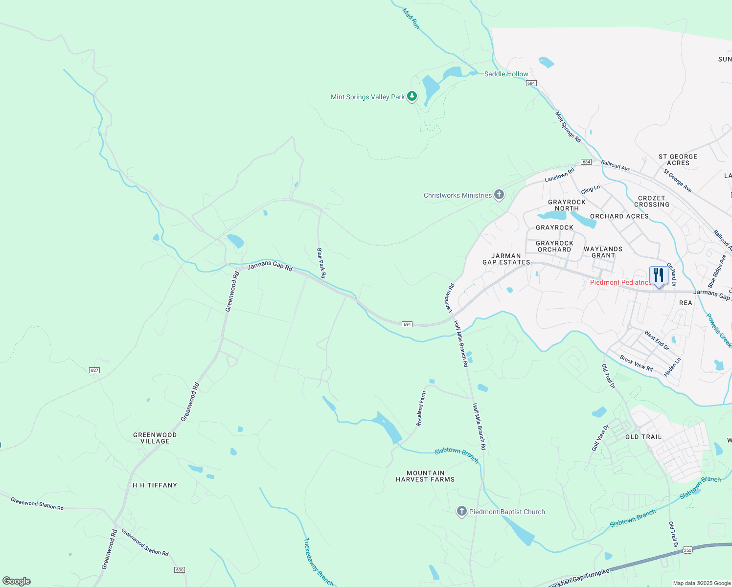 map of restaurants, bars, coffee shops, grocery stores, and more near 1185 Layne Place in Crozet