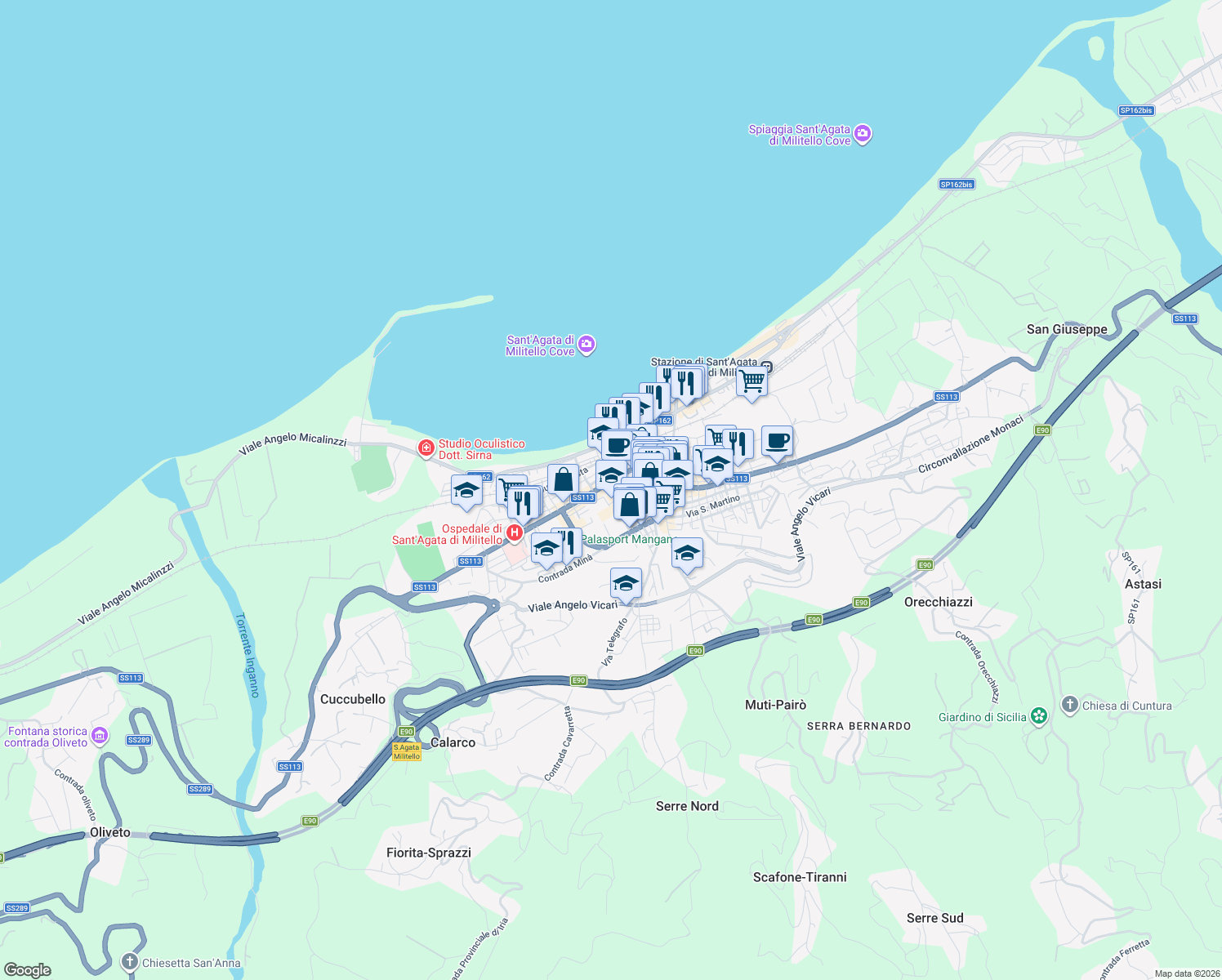 map of restaurants, bars, coffee shops, grocery stores, and more near Vicolo delle Scuole in Sant'Agata di Militello