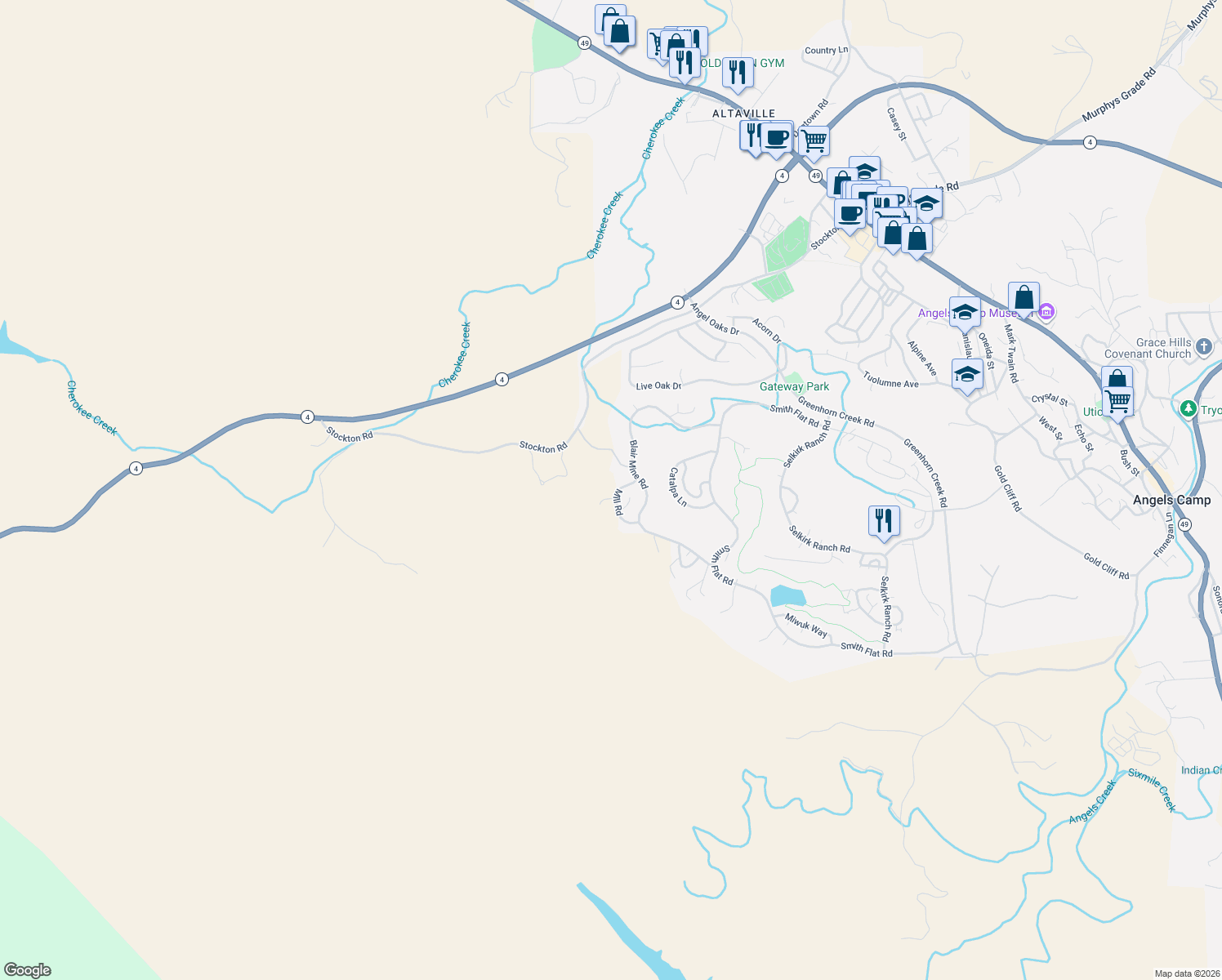 map of restaurants, bars, coffee shops, grocery stores, and more near 312 Mill Road in Angels Camp