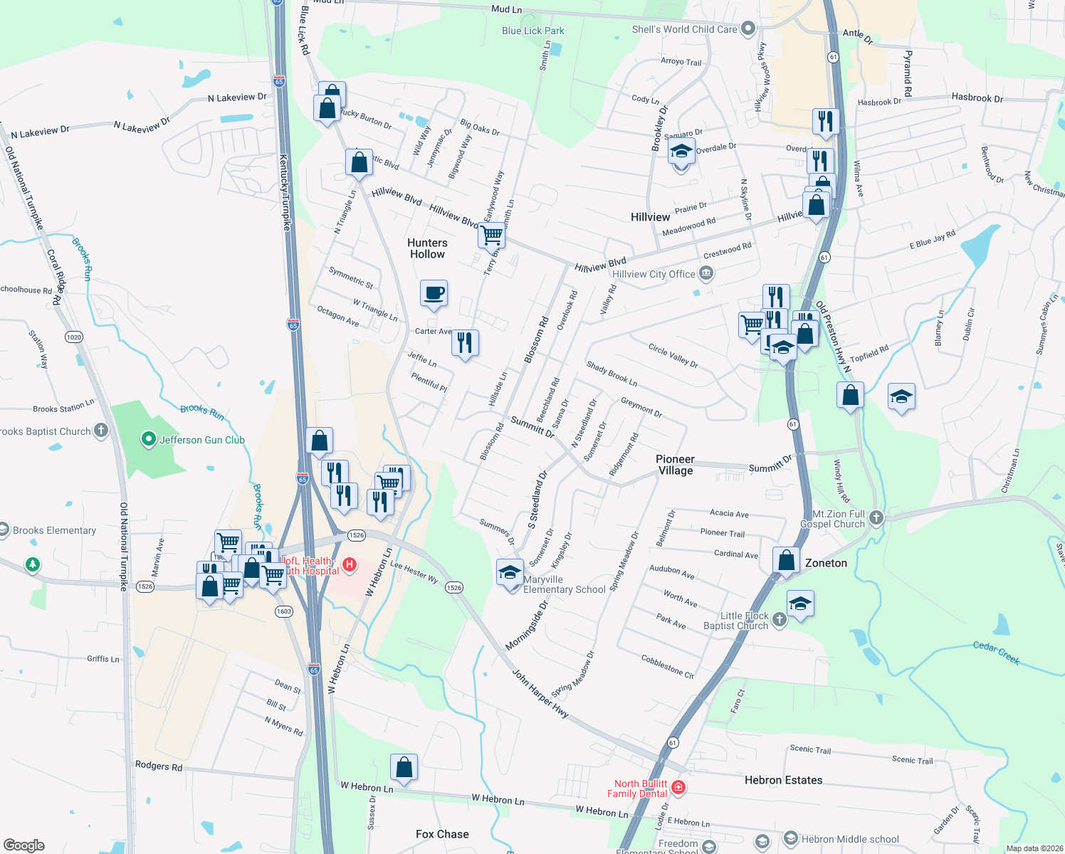 map of restaurants, bars, coffee shops, grocery stores, and more near 1059 Summit Drive in Louisville