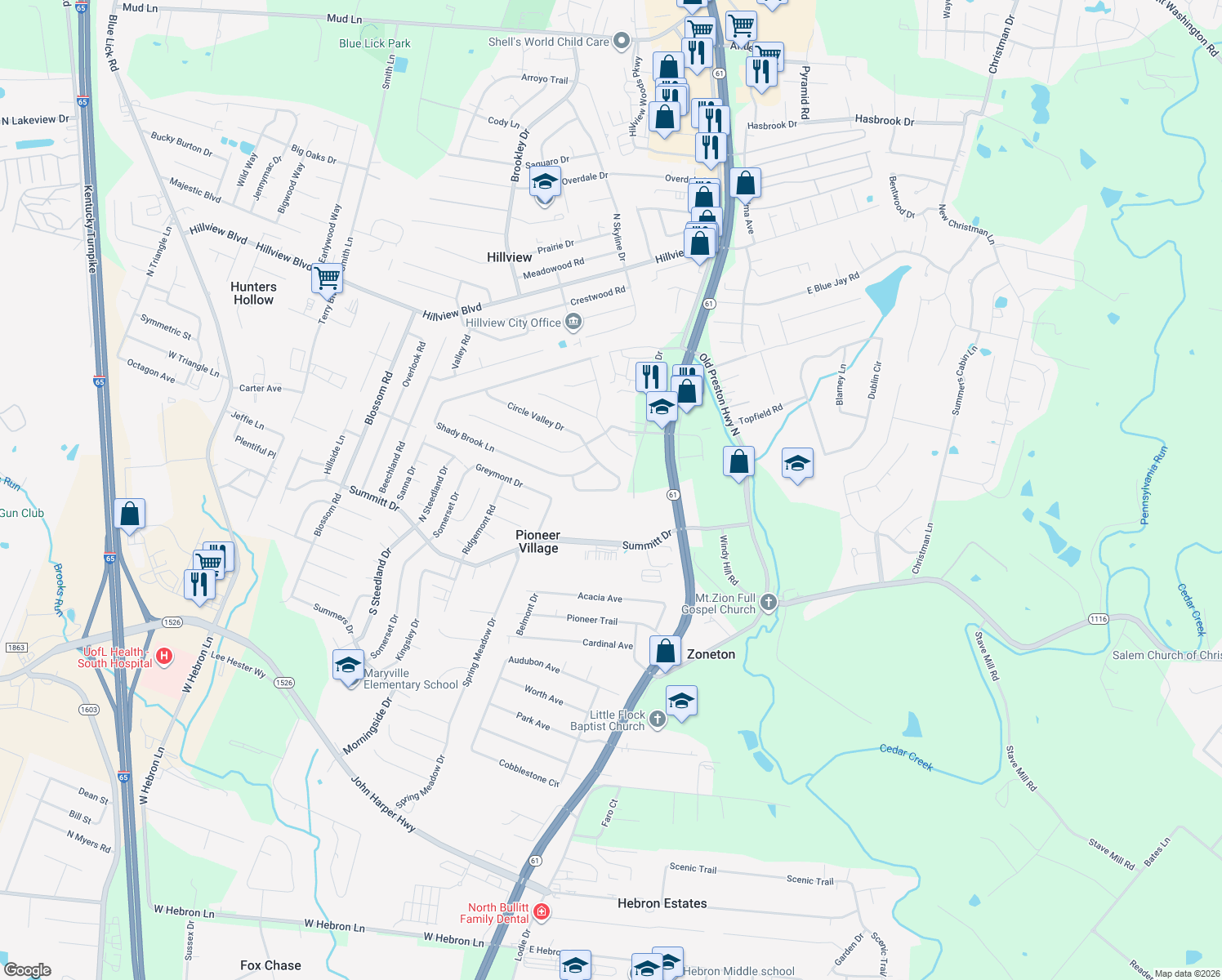 map of restaurants, bars, coffee shops, grocery stores, and more near 258 Circle Valley Drive in Louisville