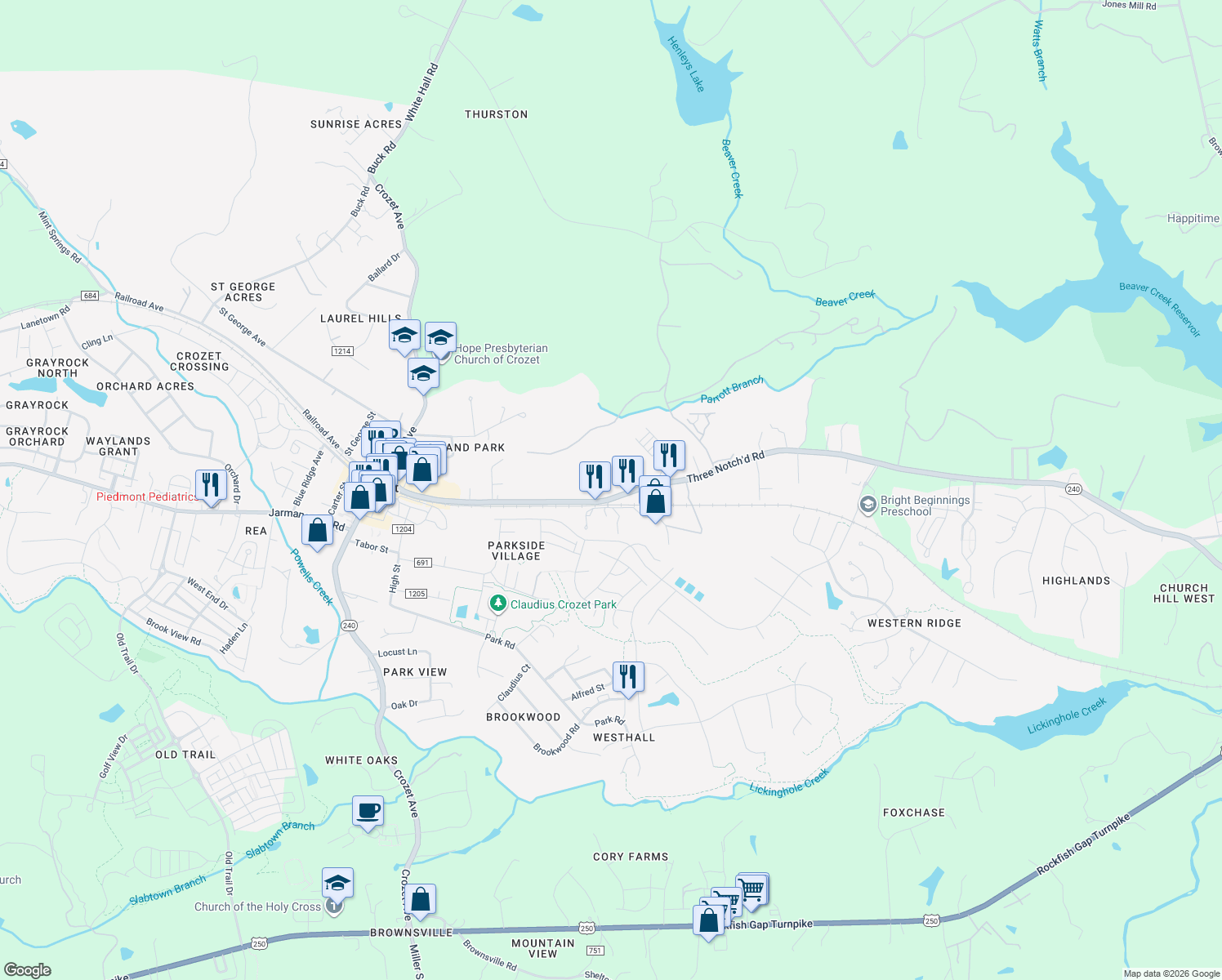map of restaurants, bars, coffee shops, grocery stores, and more near 5466 3 Notch'd Rd in Crozet
