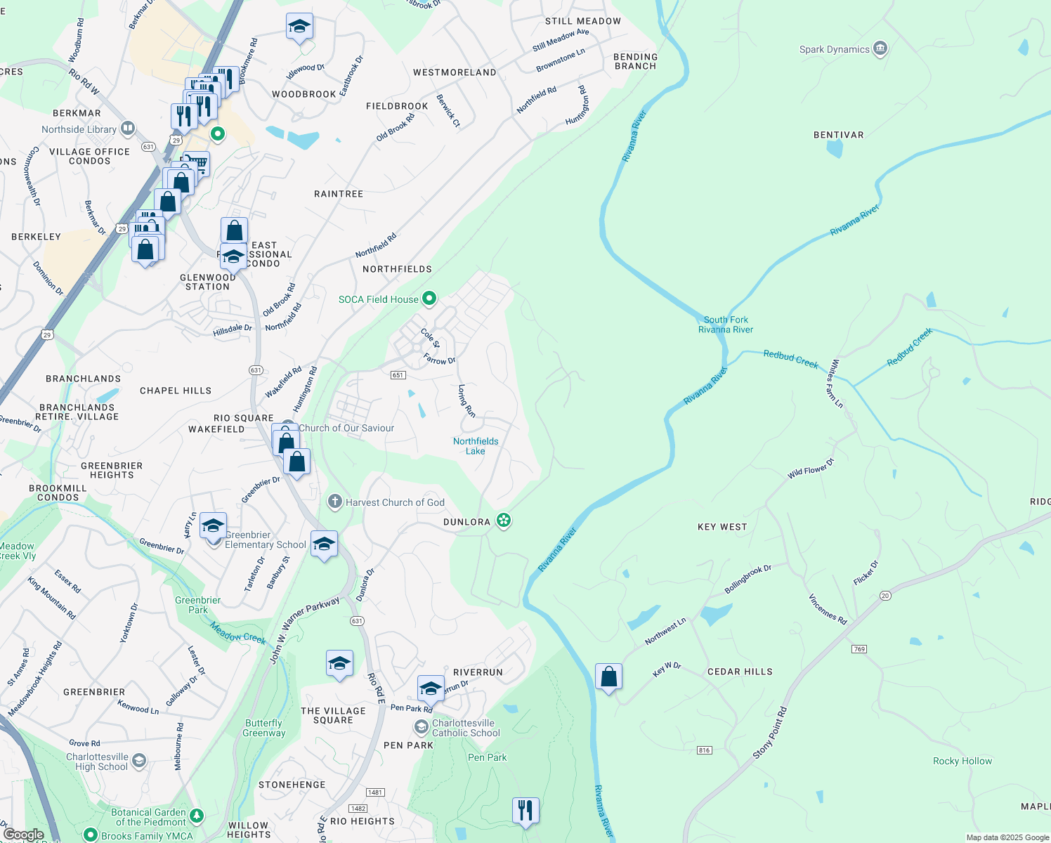 map of restaurants, bars, coffee shops, grocery stores, and more near 1384 River Brook Ct in Charlottesville