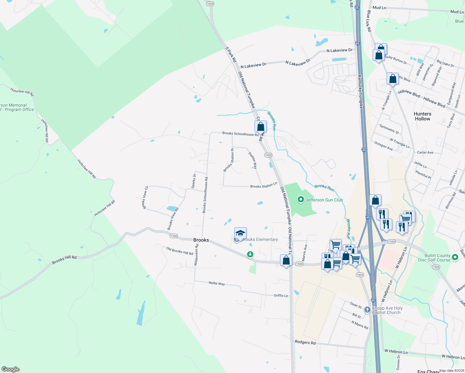map of restaurants, bars, coffee shops, grocery stores, and more near 517 Brooks Station Lane in Brooks