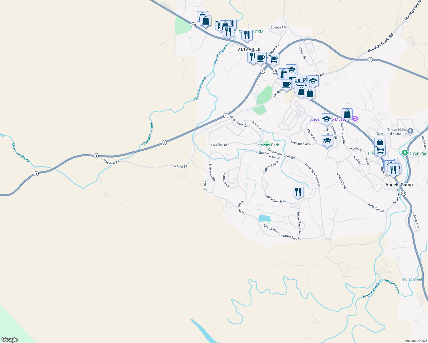 map of restaurants, bars, coffee shops, grocery stores, and more near 293 Blair Mine Road in Angels Camp