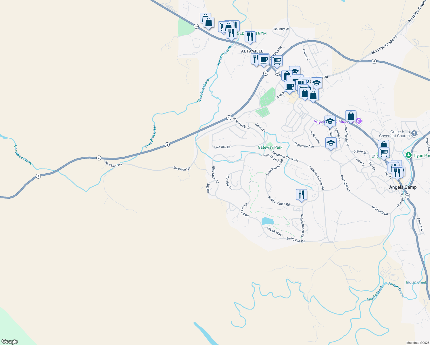map of restaurants, bars, coffee shops, grocery stores, and more near 293 Blair Mine Road in Angels Camp