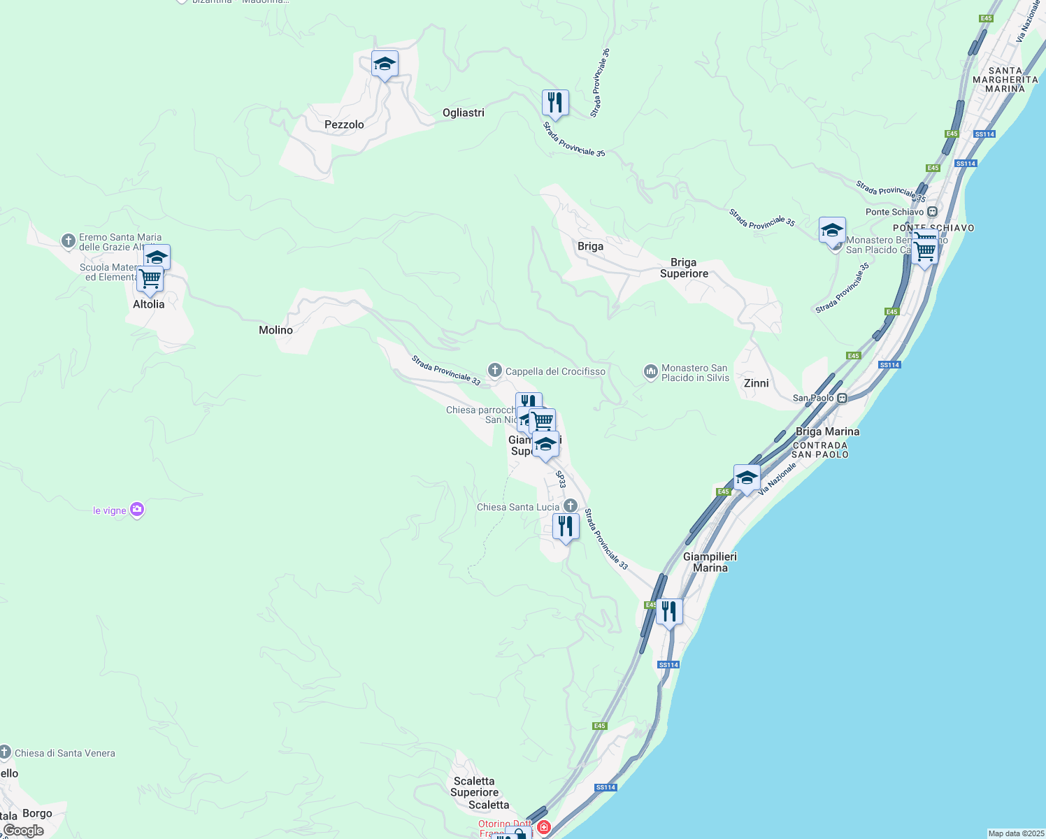 map of restaurants, bars, coffee shops, grocery stores, and more near 24 Via Comunale in Giampilieri