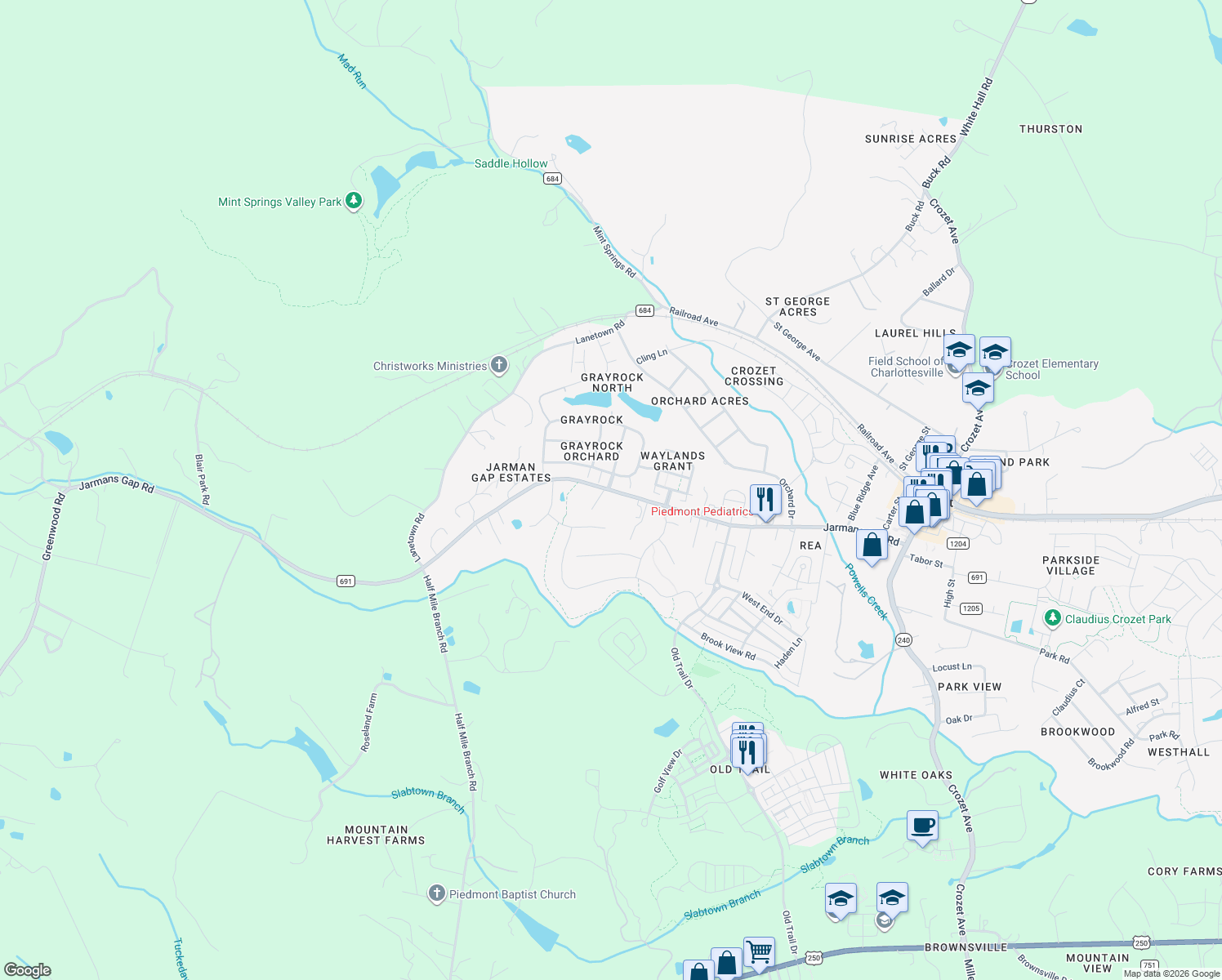 map of restaurants, bars, coffee shops, grocery stores, and more near 6144 Jarmans Gap Rd in Crozet
