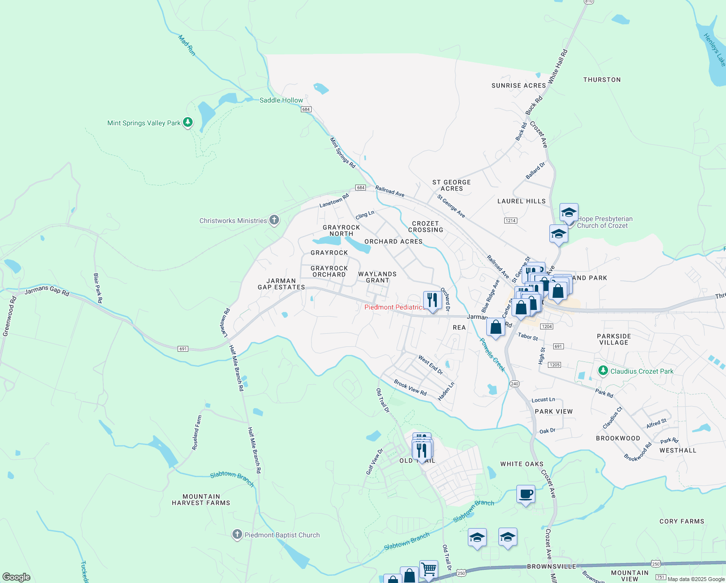 map of restaurants, bars, coffee shops, grocery stores, and more near 1110 Edmond Court in Crozet