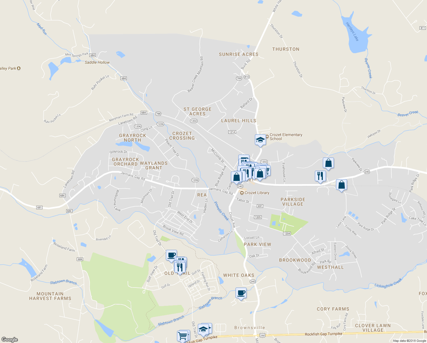 map of restaurants, bars, coffee shops, grocery stores, and more near 5909 Jeremiah Lane in Crozet