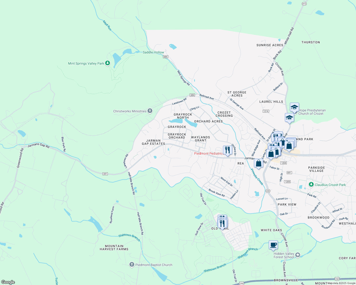 map of restaurants, bars, coffee shops, grocery stores, and more near 162 Grayrock Drive in Crozet