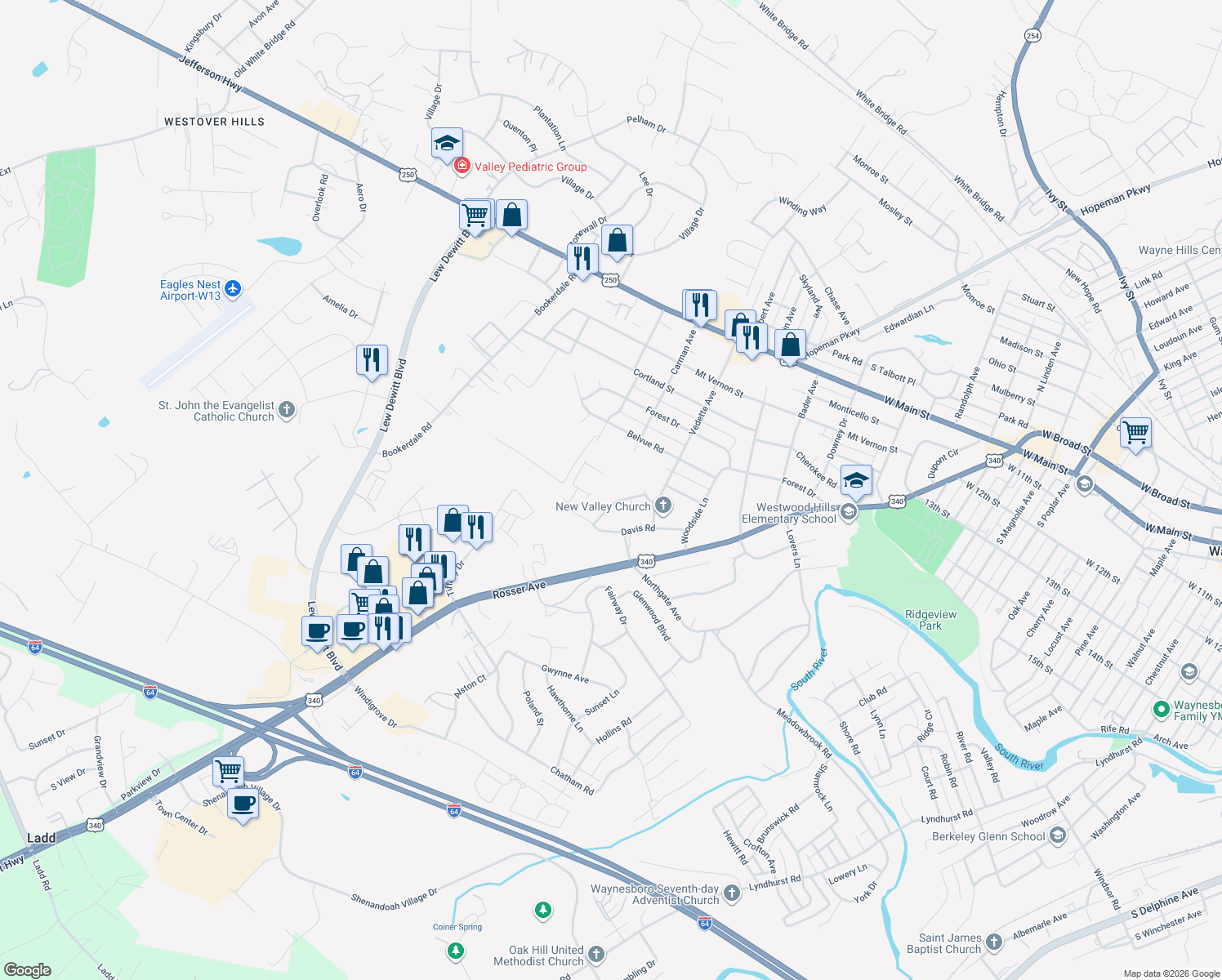 map of restaurants, bars, coffee shops, grocery stores, and more near 612 Sumter Road in Waynesboro